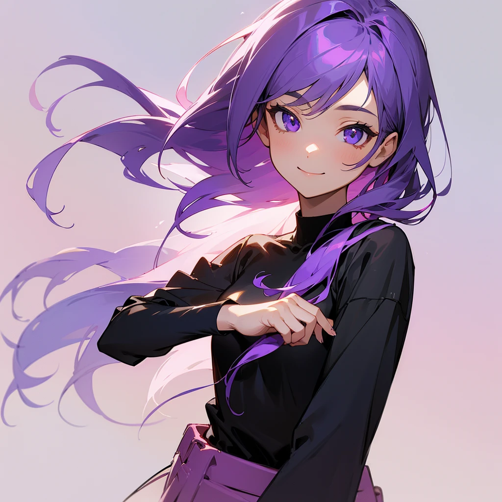 One girl, cute,High resolution, Highest quality, Purple Hair, Simple Background, Character portrait,Gaze, chest, Hair that falls over the shoulders,straight,smile,Character design drawings, Illustration, Gentle colors, Black T-shirt