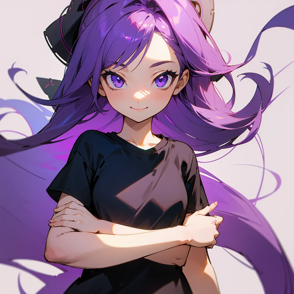 One girl, cute,High resolution, Highest quality, Purple Hair, Simple Background, Character portrait,Gaze, chest, Hair that falls over the shoulders,straight,smile,Character design drawings, Illustration, Gentle colors, Black T-shirt