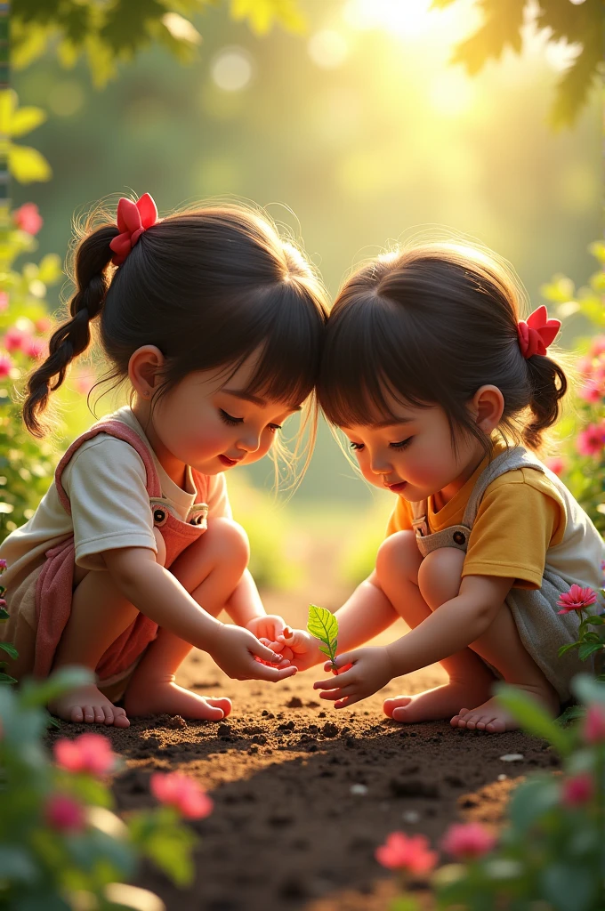 Toddler twin girls sowing flower seed in garden
