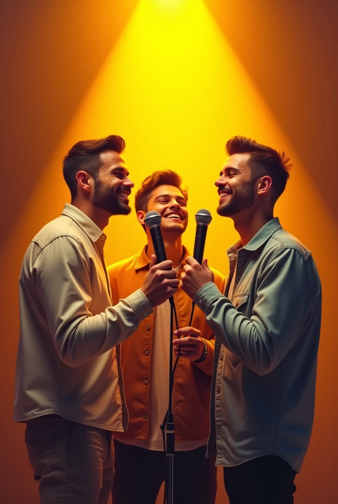 Make a poster the title is “the hunter’s spotlight “ make a 3 men cutie using mic inside cellphone the color background is gradient yellow and brown 
