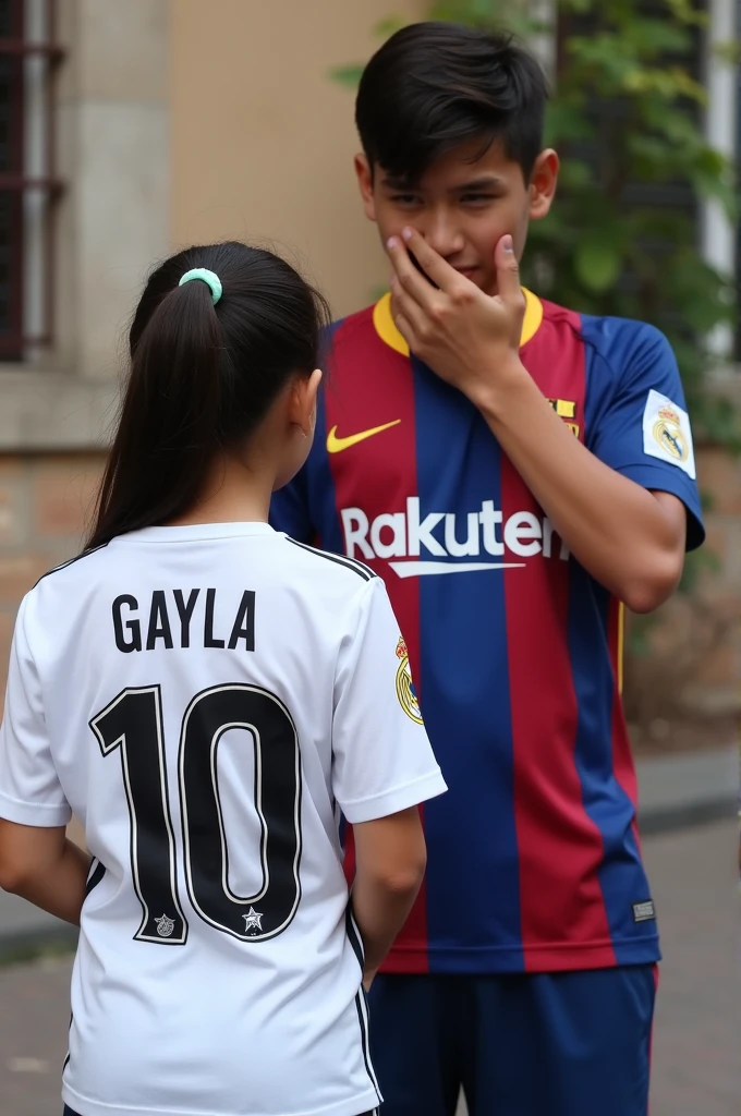A girl wearing a Real Madrid shirt with Gayla written on the back while standing with a young man covering his face and wearing a Barcelona shirt with Ahmed written on it