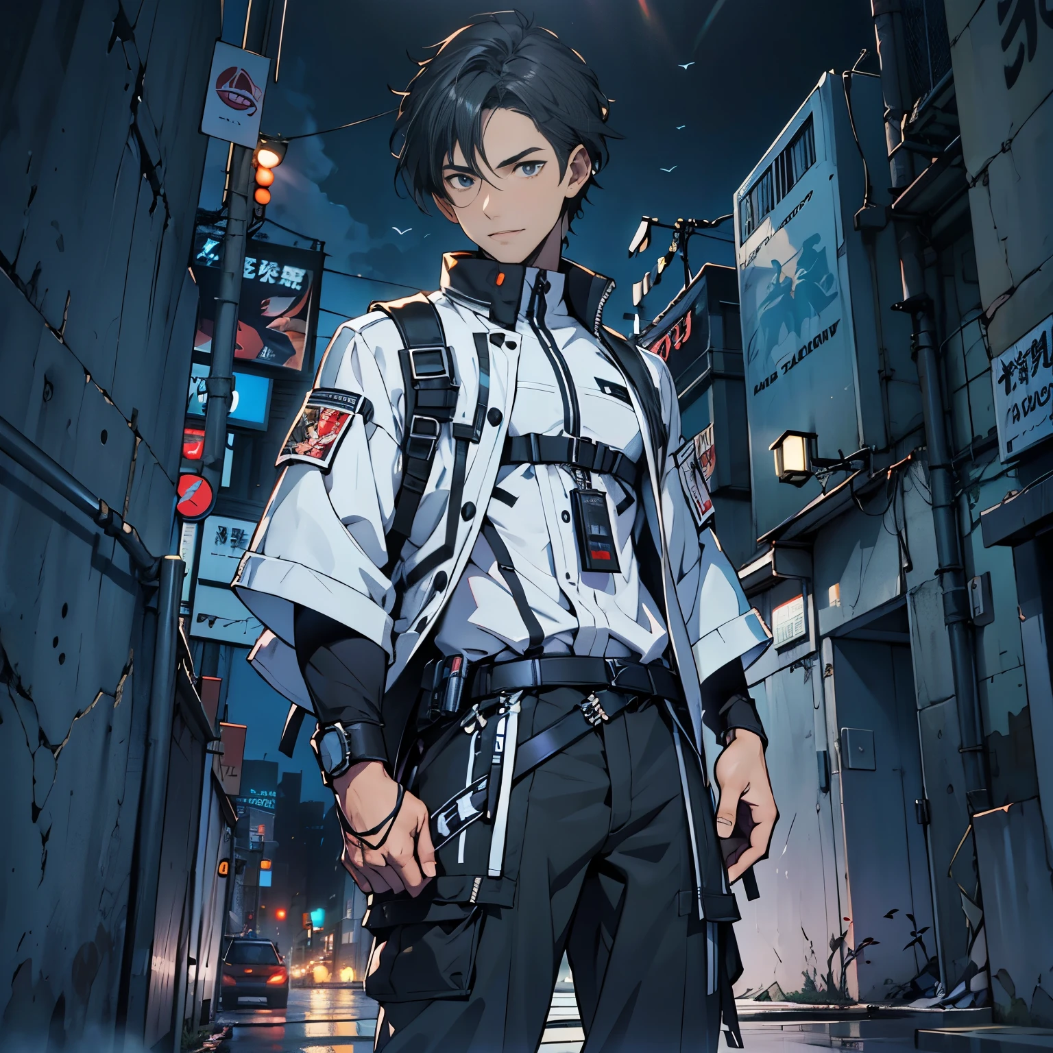 City night scene, Male Characters, Handsome male character, Attractive male,, masterpiece, Black short hair, YuOC, PivY, Arknights, (Extremely detailed CG unity 8k wallpaper), (best quality), (Best Illustration), (Best shadow), Martial Arts, Extremely high quality, (abyss), Beautiful and delicate light, Artworks by Peter Mohr Bacher,4k anime, Young man with a beautiful face, Attractive face and figure , Side face, Male characteristics