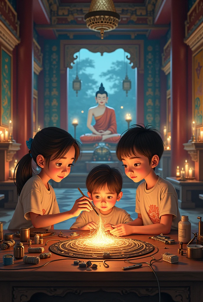 Children learning electric wiring in buddhist temple.