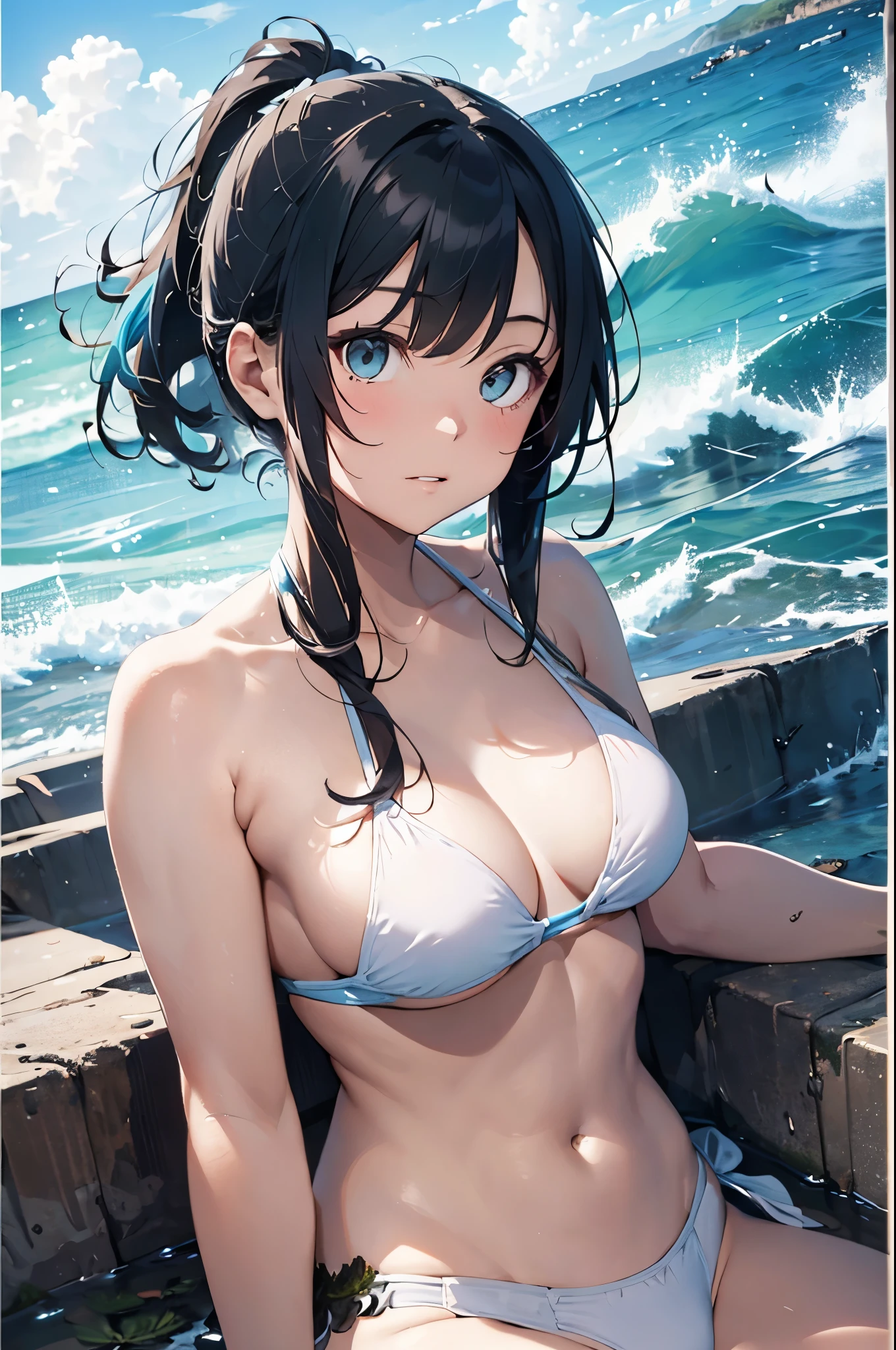 High resolution,topless、
One beautiful young woman,Light blue hair、ponytail、
(Soft Saturation:1.3), (Fair skin:1.2),
(ultra-Detailed Background, Detailed Background), Bokeh,
break&#39;Portrait of a smiling girl.,
When viewed from the front, The composition is symmetrical,
Looking straight at you with serious eyes,
break Swimwear, White Bikini, Center of chest, 
Outdoor, Sea surface, null, sunlight,Summer beach, Sandy Beach,
Strong light, Front lighting, 
(Teen:1.3), (Cowboy Shot:1.2),
Front brake angle,
View your audience,
Dynamic pose,
sitting on the beach

Seaweed、Seaweed、Seaweed、Seaweed、Seaweed、Seaweed、Seaweed、