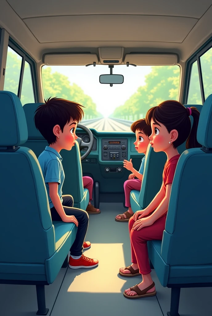 A class of students is on a tour in a van. In the seat perpendicular to the driver's seat, a boy is sitting in the corner, wearing a blue shirt and black pants. In the seat behind next to the driver, a girl is sitting in the corner, wearing a blue kurta and sandal-colored pants. She is looking at the boy sitting in the corner.draw it like a cute cartoon.