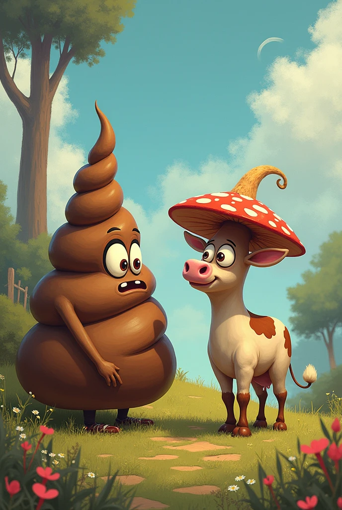 A Big poop talking to a mushroom cow saying " what are you talking about little mushroom cow"