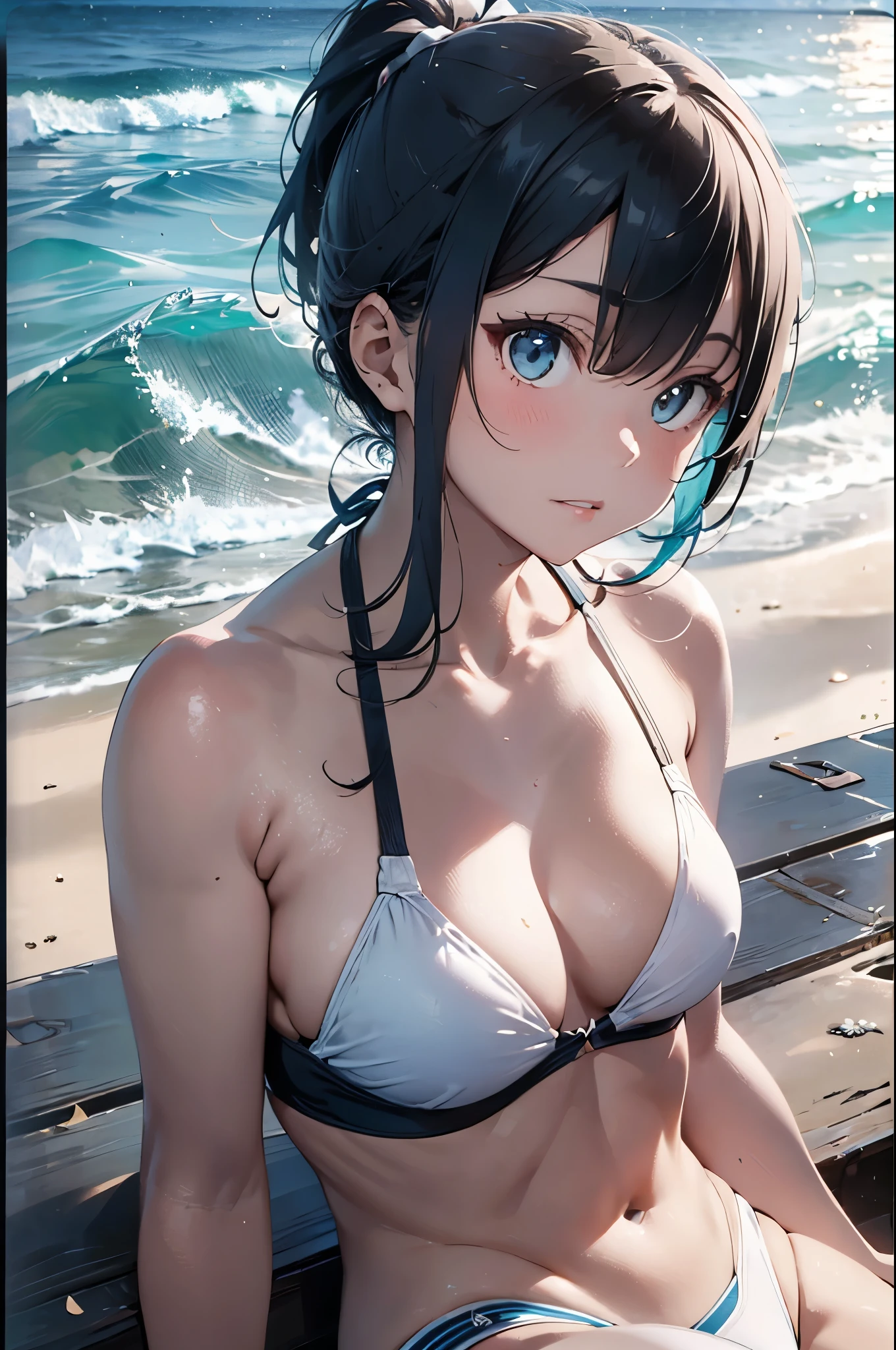 High resolution,topless、
One beautiful young woman,Light blue hair、ponytail、
(Soft Saturation:1.3), (Fair skin:1.2),
(ultra-Detailed Background, Detailed Background), Bokeh,
break&#39;Portrait of a smiling girl.,
When viewed from the front, The composition is symmetrical,
Looking straight at you with serious eyes,
break Swimwear, White Bikini, Center of chest, 
Outdoor, Sea surface, null, sunlight,Summer beach, Sandy Beach,
Strong light, Front lighting, 
(Teen:1.3), (Cowboy Shot:1.2),
Front brake angle,
View your audience,
Dynamic pose,
sitting on the beach

Seaweed、Seaweed、Seaweed、Seaweed、Seaweed、Seaweed、Seaweed、