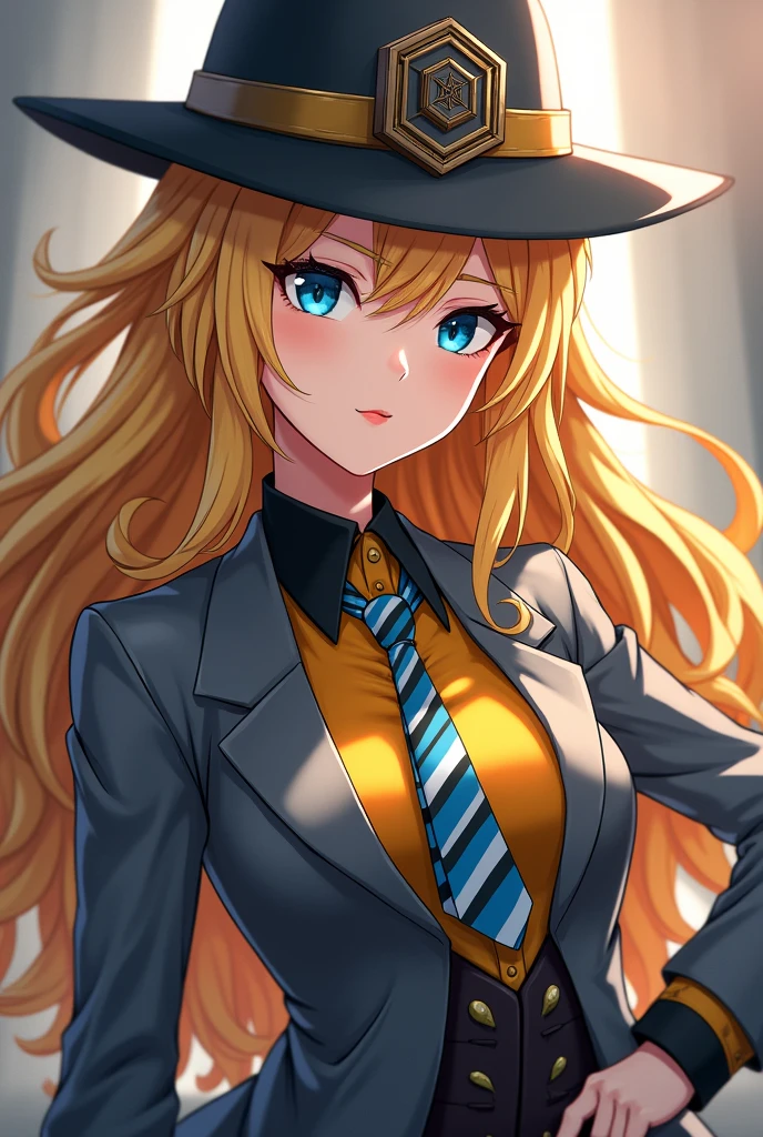 a beautiful woman with blonde hair, black and yellow shirt, with a gray hat with a hexagon-shaped insignia, gray suit with blue and white striped tie. In steampunk anime style. dynamic pose 