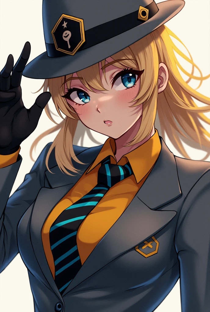 a beautiful woman with blonde hair, black and yellow shirt, with a gray hat with a hexagon-shaped insignia, gray suit with blue and white striped tie. In steampunk anime style. dynamic pose 