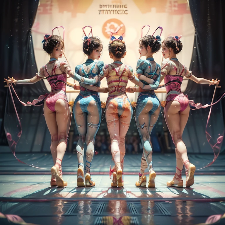 ExtremelyDetailed (((Rhythmic Gymnastics Team Kawaii Kids in a row:1.4))), Childish perfect face, Reflective Eyes, Detailed(Delicate Clothing textures), Corrected Leg to Foot Line, Corrected Perfect Hand, Dynamic Joyful Expressions LifeLike Rendering, ((Specular Reflection:1.08)), TopQuality 8K Ultra-detailed masterpiece (ProfessionalPhoto:1.37)(Acutance:0.8),(Luminism:1.22), facing away (from side ) Assfocus