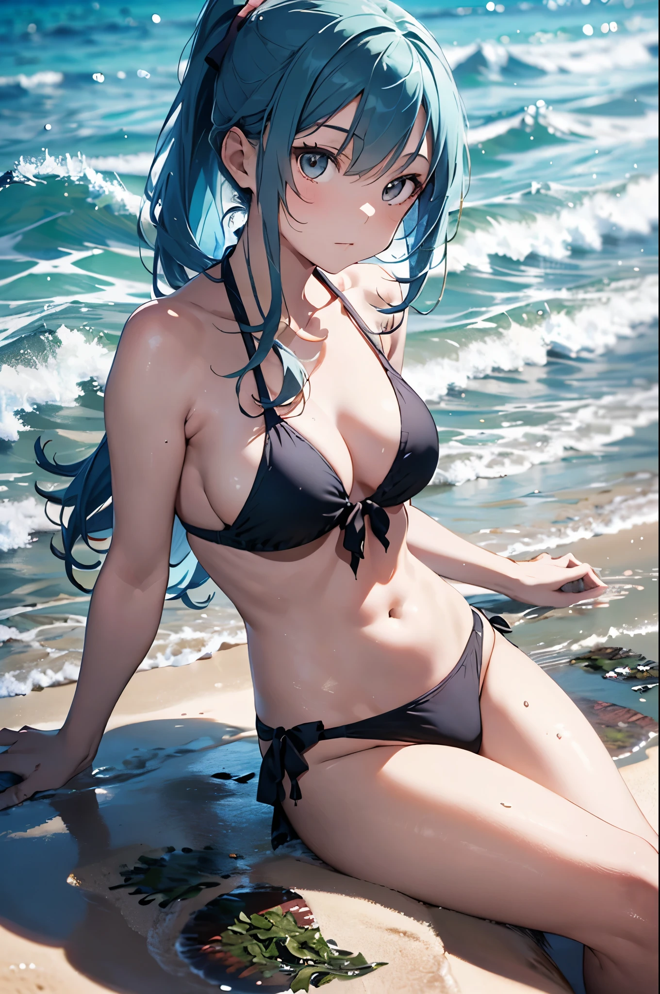 High resolution,topless、
One beautiful young woman,Light blue hair、ponytail、
(Soft Saturation:1.3), (Fair skin:1.2),
(ultra-Detailed Background, Detailed Background), Bokeh,
break&#39;Portrait of a smiling girl.,
When viewed from the front, The composition is symmetrical,
Looking straight at you with serious eyes,
break Swimwear, White Bikini, Center of chest, 
Outdoor, Sea surface, null, sunlight,Summer beach, Sandy Beach,
Strong light, Front lighting, 
(Teen:1.3), (Cowboy Shot:1.2),
Front brake angle,
View your audience,
Dynamic pose,
sitting on the beach

Seaweed、Seaweed、Seaweed、Seaweed、Seaweed、Seaweed、Seaweed、