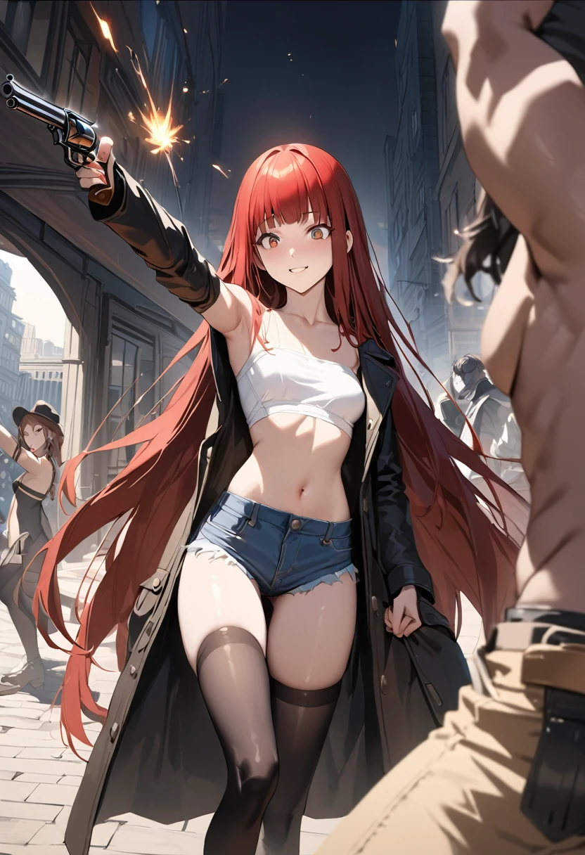 Gun action scene、A woman confronting a villain、((masterpiece,best quality anime,Highest quality:1.3)),realistic,cowboy shot,(25 year old beauty), gunslinger ,1woman,独奏,((very small head:1.4)),((very long body:1.3)),red hair,bangs,straight long hair,gorgeous big eyes,brown eyes,A strong smile、(Black long coat),Wearing a white tube top shirt under the coat,navel、(denim micro shorts、black_thighhighs),((slender body:1.3,skinny)),small breasts,(Shoot a gun:1.3,Firing stance),gleaming skin,shiny skin,Holding a gun in hand,revolver、Western cityscape、The World of Westerns、