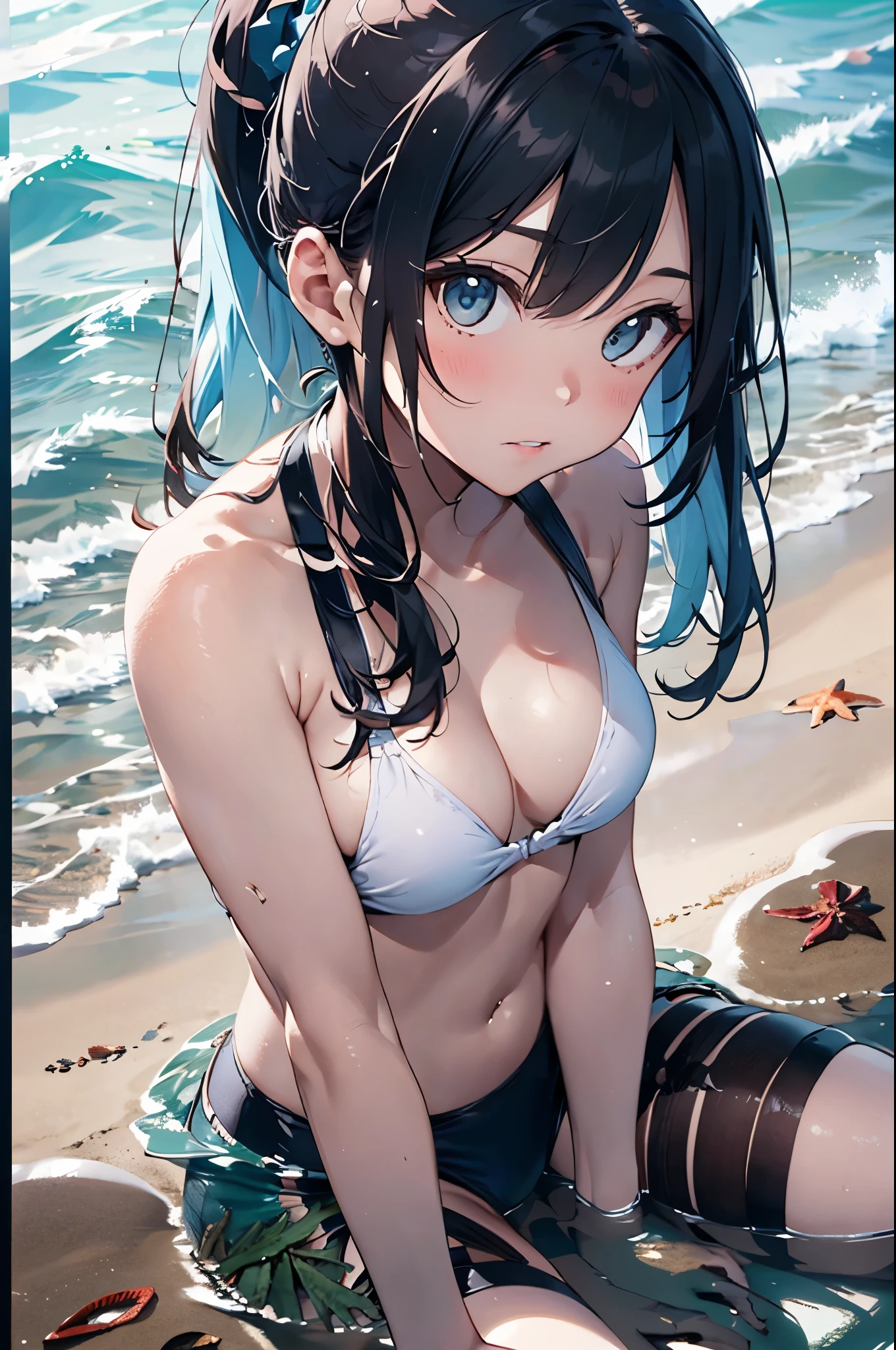 High resolution,topless、
One beautiful young woman,Light blue hair、ponytail、
(Soft Saturation:1.3), (Fair skin:1.2),
(ultra-Detailed Background, Detailed Background), Bokeh,
break'Portrait of a smiling girl.,
When viewed from the front, The composition is symmetrical,
Looking straight at you with serious eyes,
break Swimwear, White Bikini, Center of chest,
Outdoor, Sea surface, null, sunlight,Summer beach, Sandy Beach,
Strong light, Front lighting,
(:1.3), (Cowboy Shot:1.2),
Front brake angle,
View your audience,
Dynamic pose,
sitting on the beach
Seaweed、Seaweed、Seaweed、Seaweed、Seaweed、Seaweed、Seaweed、