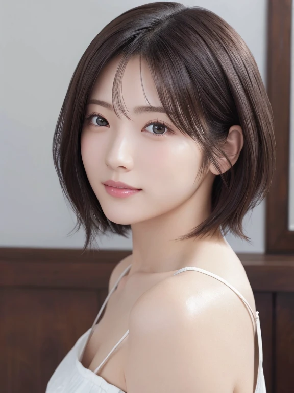 masterpiece、Highest quality、High resolution、Japanese women、(RAW Photos, Highest quality), (reality, Realistic:1.4) Tabletop、wallpaper、reality的、Bright lighting、Professional Lighting、Face Light、Smooth lighting、Adult、sexy、Crystal skin、very detailed eyes and face, Beautiful and detailed nose, beautiful eyes, Perfect Anatomy、short hair、Brunette Hair、Iris、Squint your eyes and laugh、Looking at the camera