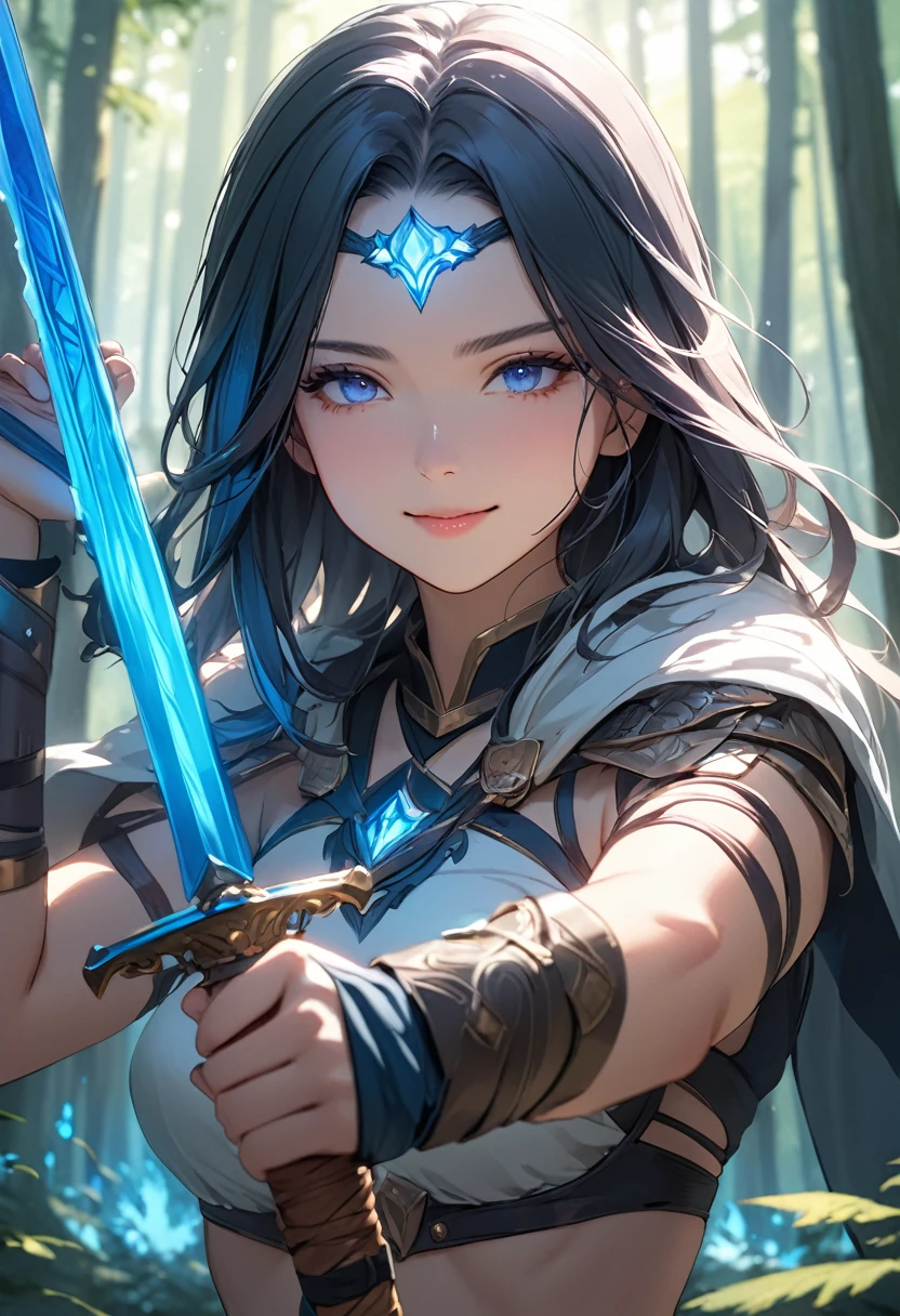 (masterpiece:1.5),(Beat quality),(high res),1girl solo,beautiful face,smile,upper body,Warrior Woman,Blue glowing sword,Holding a sword in both hands,forest