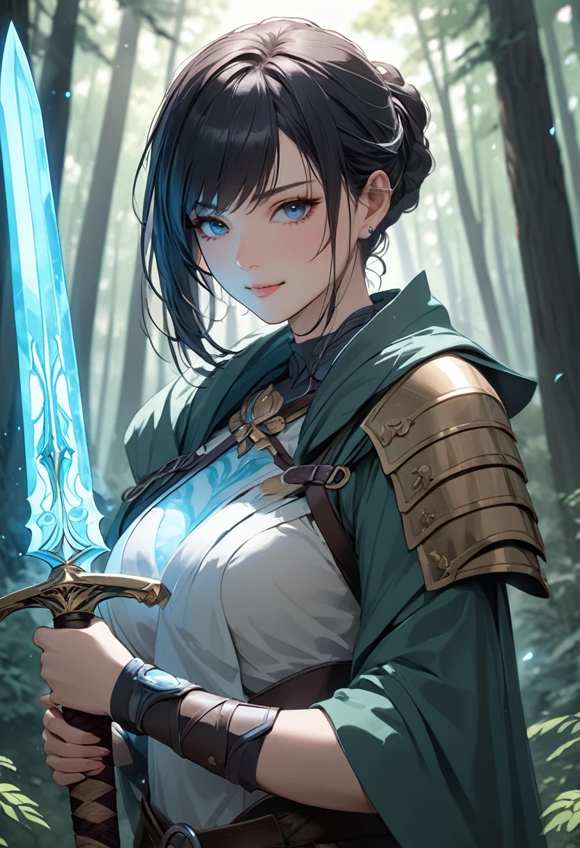 (masterpiece:1.5),(Beat quality),(high res),1girl solo,beautiful face,smile,upper body,Warrior Woman,Blue glowing sword,Holding a sword in both hands,forest