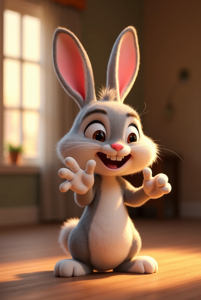 Cute little bunny waving and smiling to say hello, Unreal Engine, Comfortable interior lighting, Detailed numbers, Movie, role conception：Mark Rayden (Mark Redden)、Pixar (pixar) and Hayao Miyazaki, Unreal 5, Daz, Surrealism, Octane Rendering, 3d