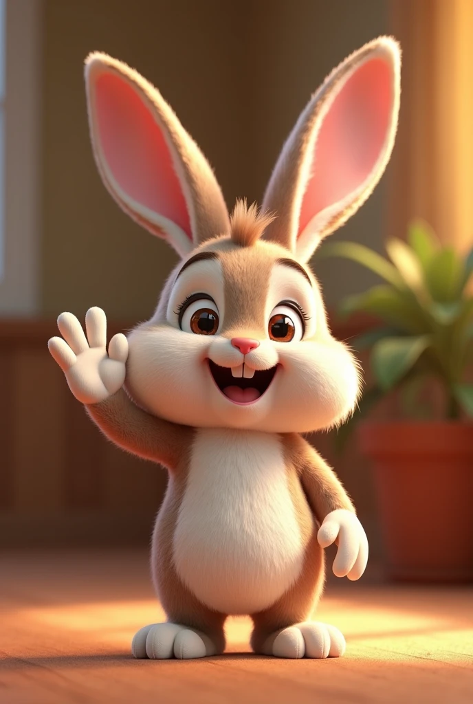 Cute little bunny waving and smiling to say hello, Unreal Engine, Comfortable interior lighting, Detailed numbers, Movie, role conception:Mark Rayden (Mark Redden)、Pixar (pixar) and Hayao Miyazaki, Unreal 5, Daz, Surrealism, Octane Rendering, 3d