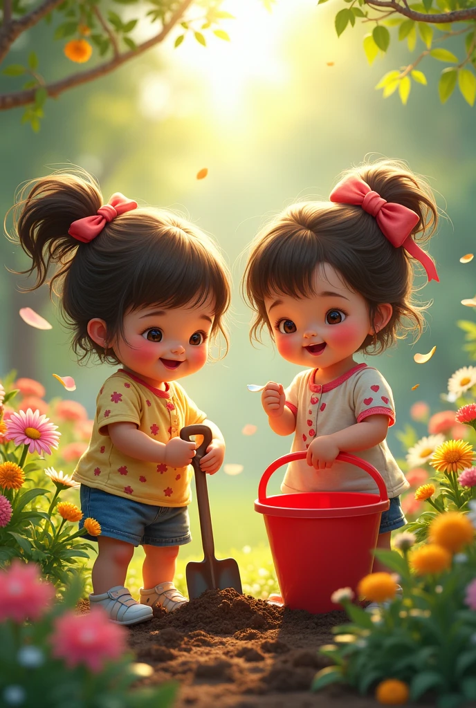Toddler twin girls sowing flower seed in garden with shovel and red basket