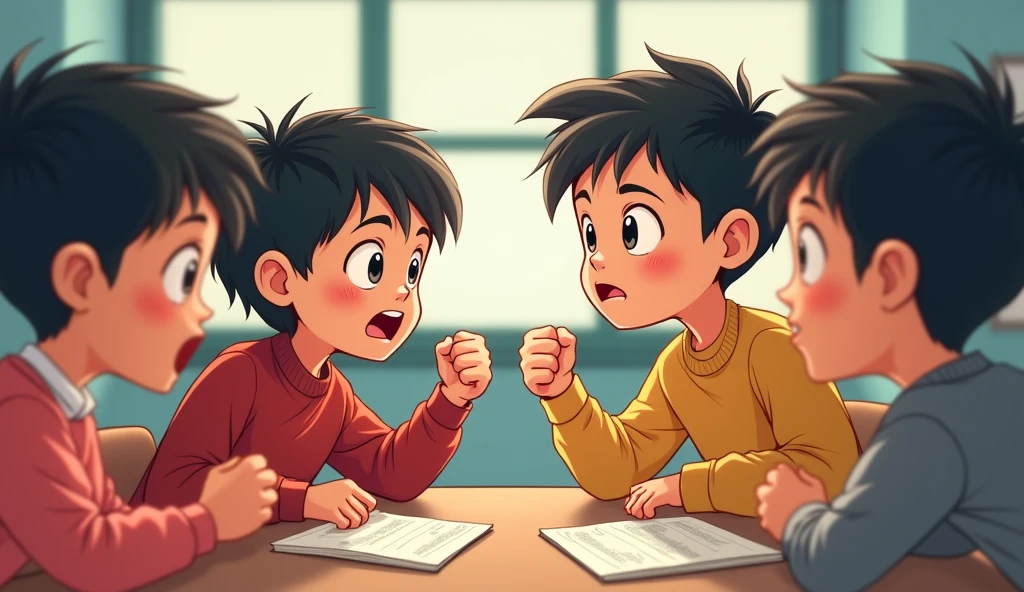/image prompt: chinese student, ??? 3 years old boy clenching fist to other classmates, always angry ,confrontation, classmates scared of him when everytime saw him, in classroom, no one want to stay near him, Q-version character but draw by hands, emotional tension, empty space around, cartoon style, high detail, HD, 16k --ar 3:4 --v 6.0