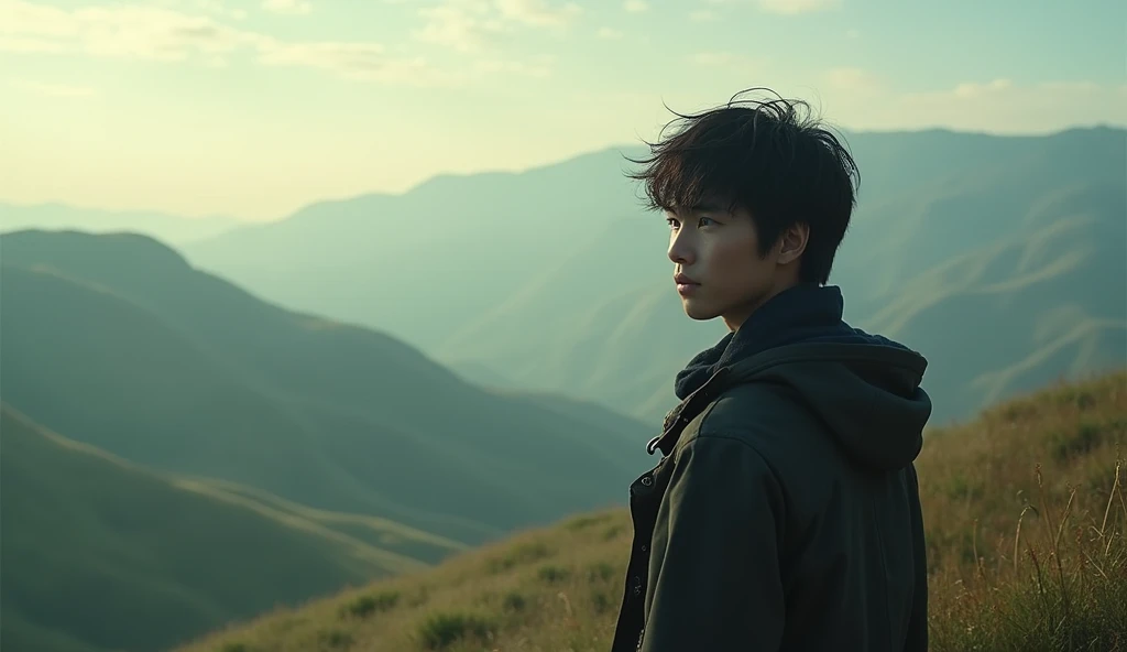 The wind blows gently over the hillside,His eyes,A little lonely,best quality,Ultra HD,4K