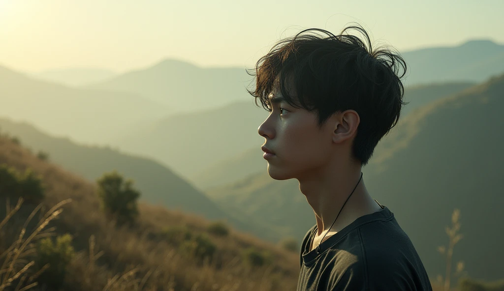 The wind blows gently over the hillside，His eyes，A little lonely，best quality，Ultra HD，4K