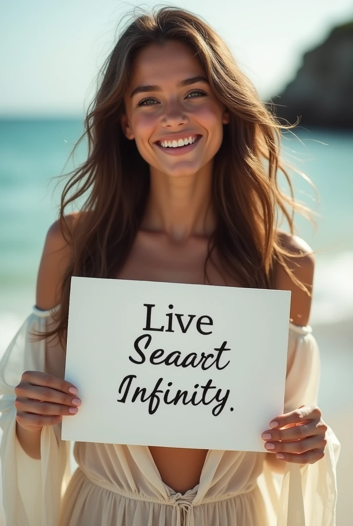 Beautiful girl with wavy long hair, bohemian dress, holding a white board with text "I Love Seaart Infinity" and showing it to the viewer