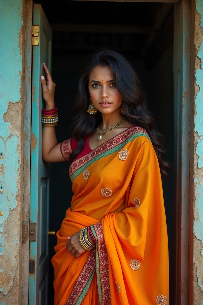 A 20-year-old south Indian woman, with seductive features, dressed in a vibrant saree, stands by the door of a rustic village house. She has a mysterious, alluring expression as she gazes into the distance, perfect big breast, brown skin, curvy body