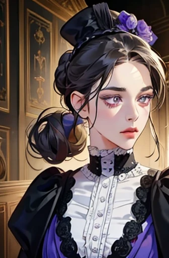 a scared victorian era woman in her early 30's wearing sexy black gown, bun hair, bar, wearing hat, straight white medium-length hair, striking purple eyes, detailed realistic portrait, photorealistic, hyperrealistic, 8k, detailed clothing, beautiful detailed eyes, beautiful detailed lips, extremely detailed face, intricate ornate details, cinematic lighting, dramatic shadows, cool color tones, indoor lighting, highly detailed, masterpiece, artstation, sharp focus, hyper detailed, half body