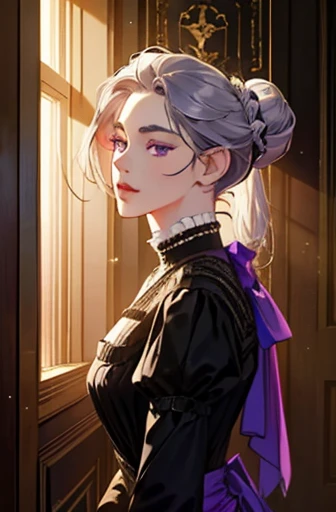 a scared victorian era woman in her early 30's wearing sexy black gown, bun hair, bar, wearing hat, straight white medium-length hair, striking purple eyes, detailed realistic portrait, photorealistic, hyperrealistic, 8k, detailed clothing, beautiful detailed eyes, beautiful detailed lips, extremely detailed face, intricate ornate details, cinematic lighting, dramatic shadows, cool color tones, indoor lighting, highly detailed, masterpiece, artstation, sharp focus, hyper detailed, half body