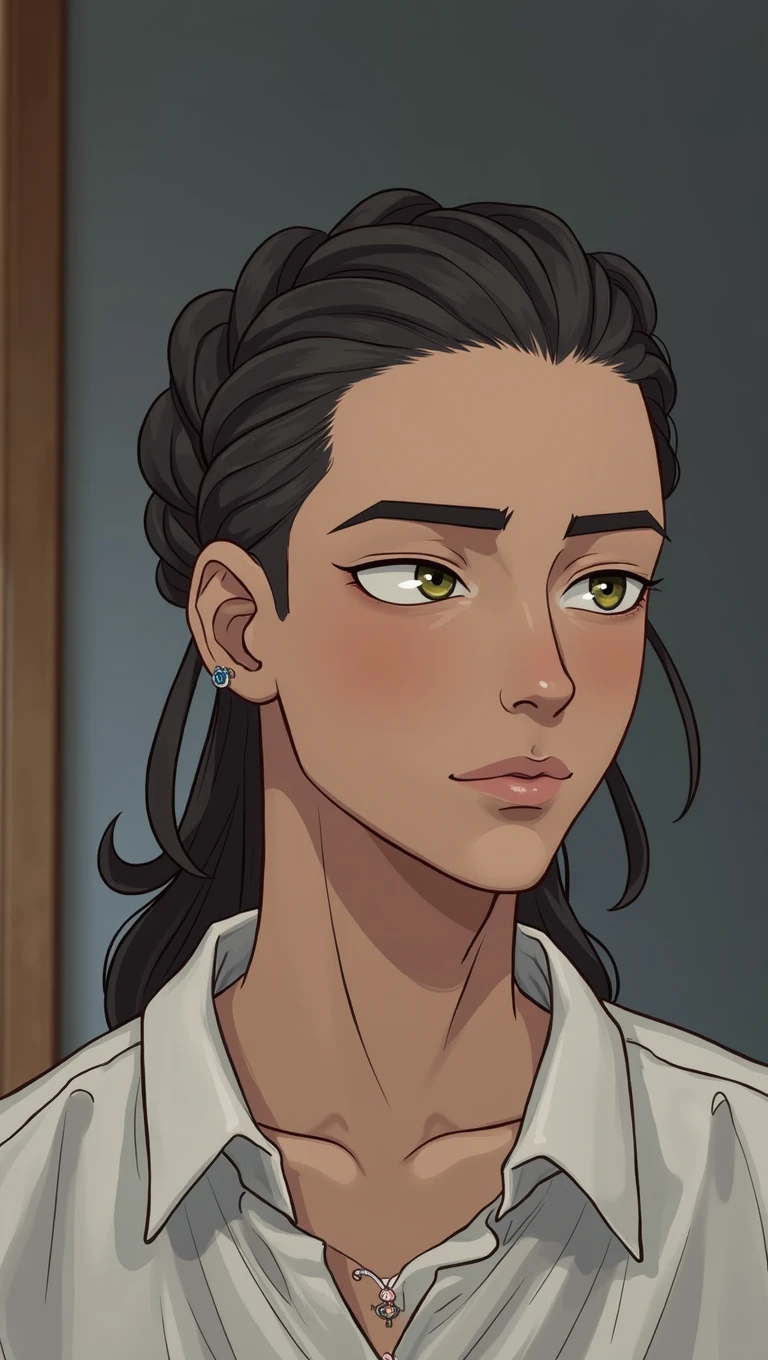featuring.hiperHD, 24K Ultra HD, Drawing of a dark-skinned person with black braids and a white shirt, Wearing an art uniform with a mesh shirt., Half body with head, SL - Shaded Art Style, Inspired by Okumura Masanobu, Half-body image, Tyler Jacobson Style, anime character, Shaded TB:15, young anime guy, androgynous appearance, black corners, Mallard and green (((color contrast, Multicolored Eyes)))