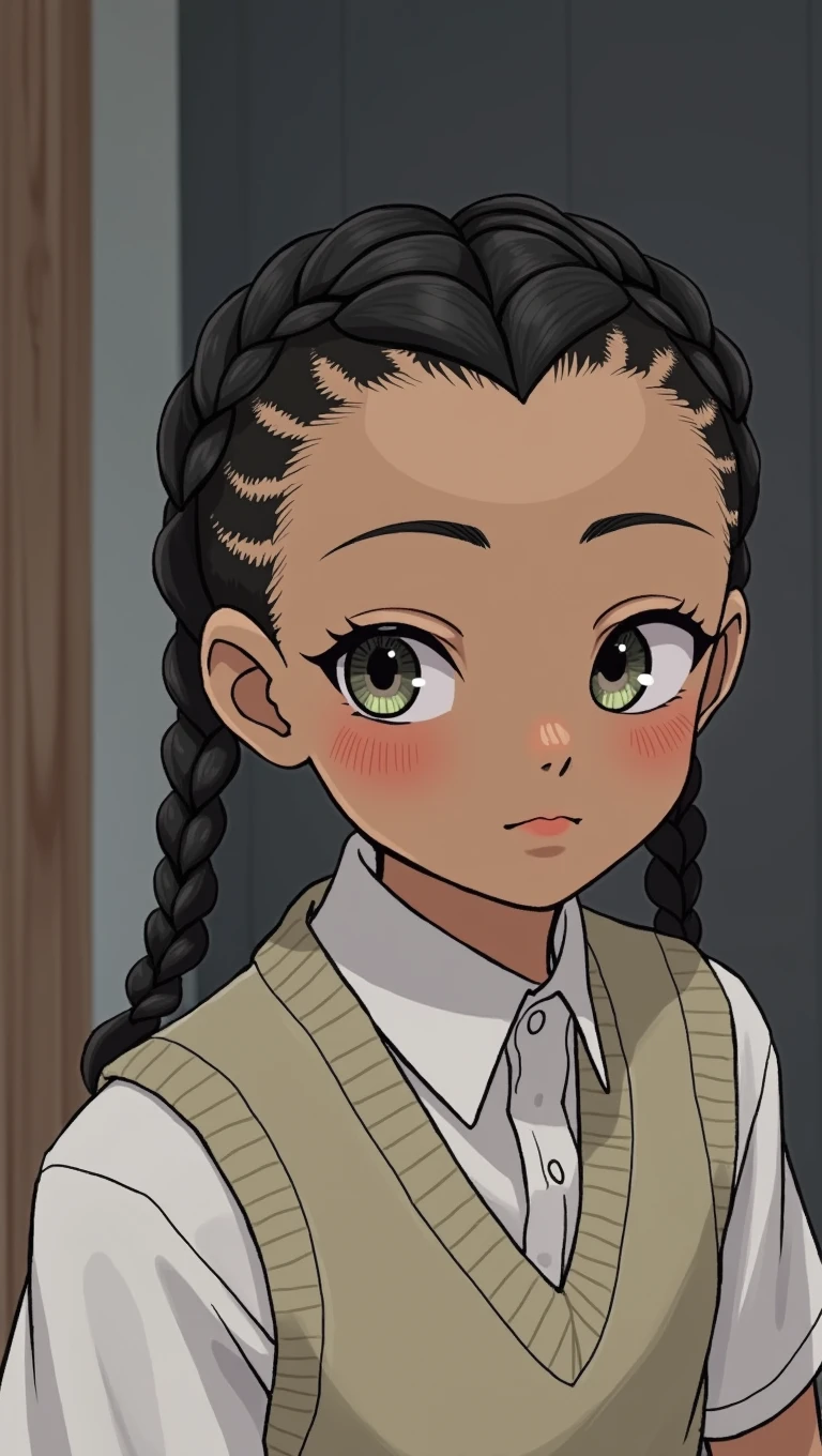 featuring.hiperHD, 24K Ultra HD, Drawing of a dark-skinned person with black braids and a white shirt, Wearing an art uniform with a mesh shirt., Half body with head, SL - Shaded Art Style, Inspired by Okumura Masanobu, Half-body image, Tyler Jacobson Style, anime character, Shaded TB:15, young anime guy, androgynous appearance, black corners, Mallard and green (((color contrast, Multicolored Eyes)))