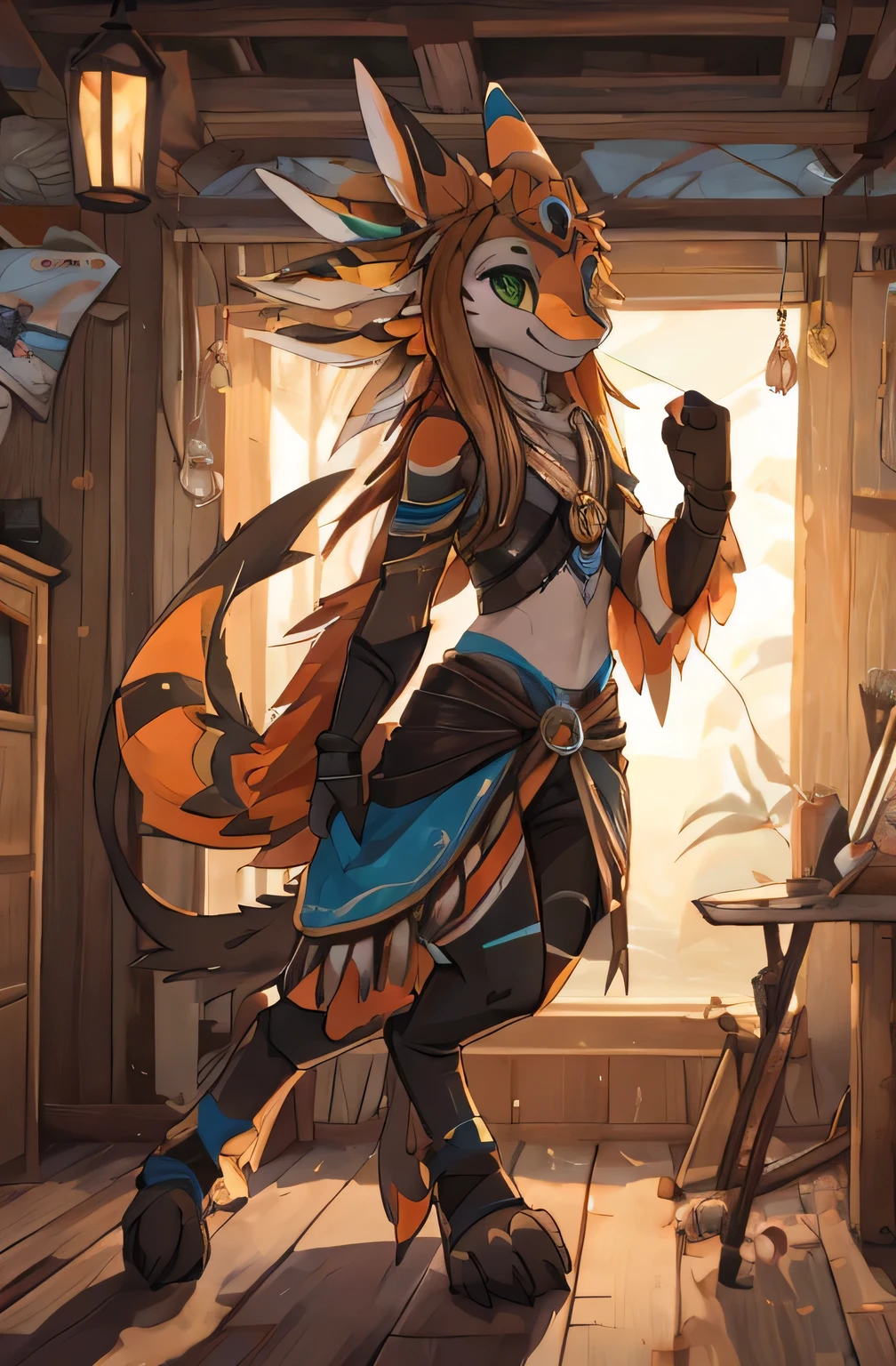 Avali,antro,solo,furry art,full body, orange and brown, clothes, long hair, girl, wholesome, cute, smiling, hot, epic