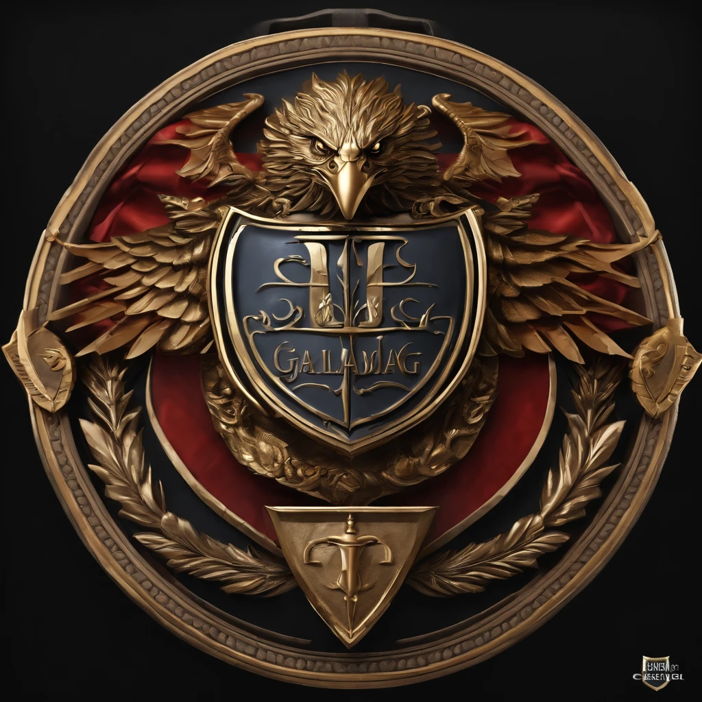 intricate shield banner with the text "GALADAG SQUAD", featuring dynamic interplay of sword, wing, dragon, and eagle iconography
a prominent 2D dragon with powerful wings and an imposing, majestic presence, symbolizing the strength and might of the squad
the dragon is mounted on a highly detailed, ornate banner with a dark and light color scheme, creating a premium quality and elegant impression
the overall design has a cinematic, dramatic quality, with sharp lines, symmetrical composition, and a striking heraldic authority
the shield banner is the main focus, featuring a clear, sharp design with elegant, thick G and S letters inside the shield
around the shield are dynamic, bold accents of swords, wings, and eagles, all depicted in a photorealistic 2D style with dramatic shadows and highly detailed textures
this premium quality 2D logo design is intended to convey the power, excellence, and elite status of the GALADAG SQUAD through a cohesive, visually striking emblem