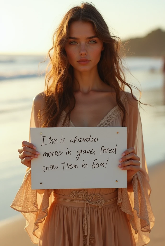 Beautiful girl with wavy long hair, bohemian dress, holding a white board with text "I Love Seaart Infinity" and showing it to the viewer