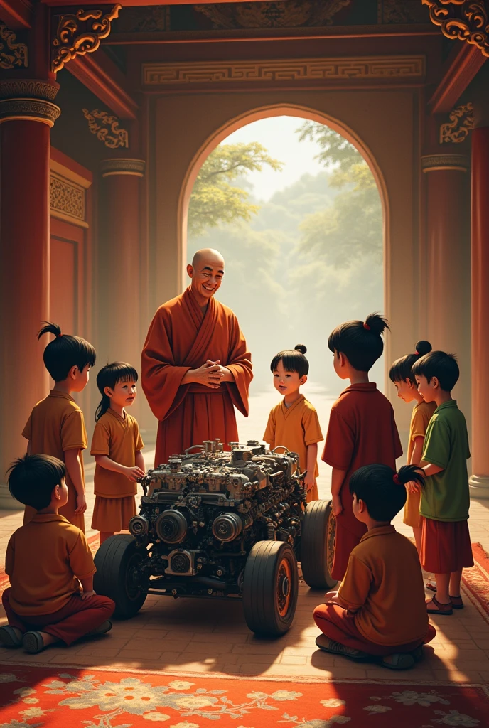 Children learning automobile technology in buddhist temple.
