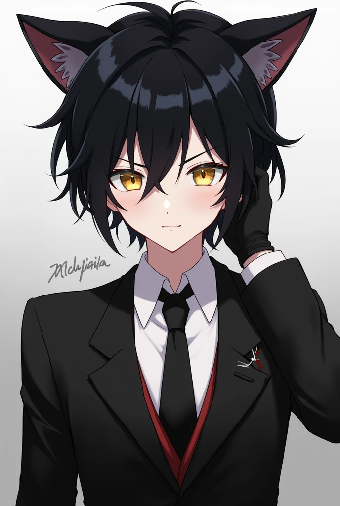 boy with black hair, cat ears, short hair, suit, beautiful, sharp eyes, yellow eyes