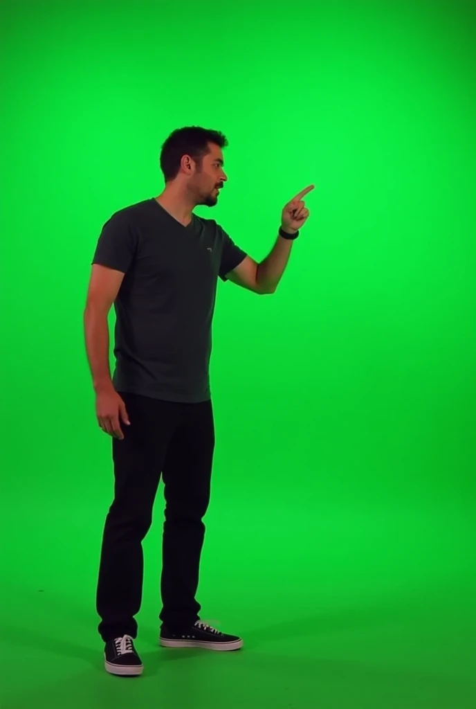 a guy gamer pointing left and talking with chroma key greenscreen background