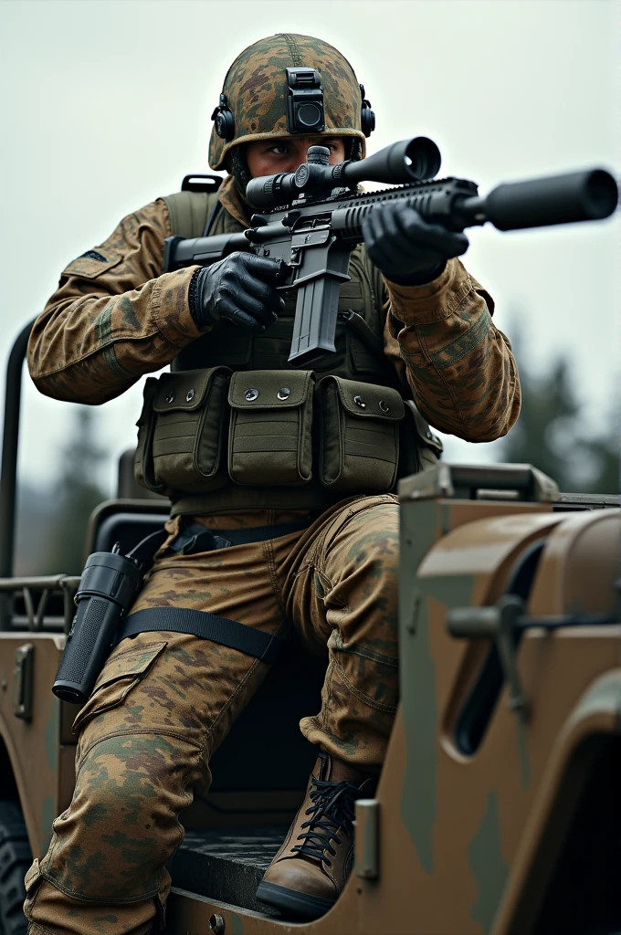 A army man with a full body army costume holding a sniper sitting on the army jeep