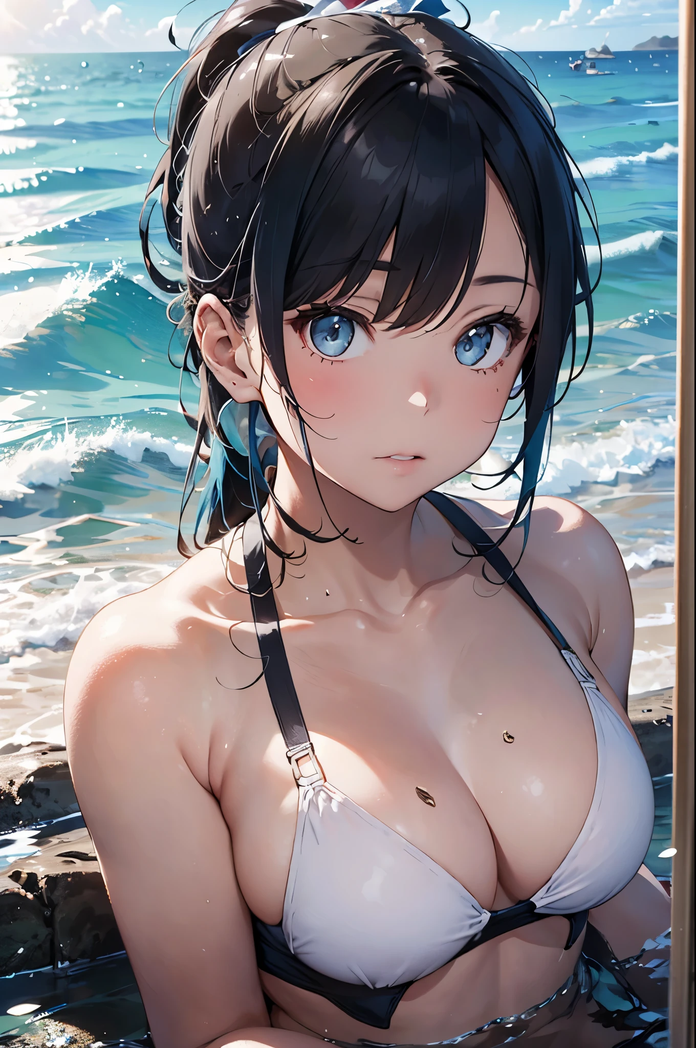 High resolution,topless、
One beautiful young woman,Light blue hair、ponytail、
(Soft Saturation:1.3), (Fair skin:1.2),
(ultra-Detailed Background, Detailed Background), Bokeh,
break'Portrait of a smiling girl.,
When viewed from the front, The composition is symmetrical,
Looking straight at you with serious eyes,
break Swimwear, White Bikini, Center of chest,
Outdoor, Sea surface, null, sunlight,Summer beach, Sandy Beach,
Strong light, Front lighting,
(:1.3), (Cowboy Shot:1.2),
Front brake angle,
View your audience,
Dynamic pose,
sitting on the beach
Seaweed、Seaweed、Seaweed、Seaweed、Seaweed、Seaweed、Seaweed、