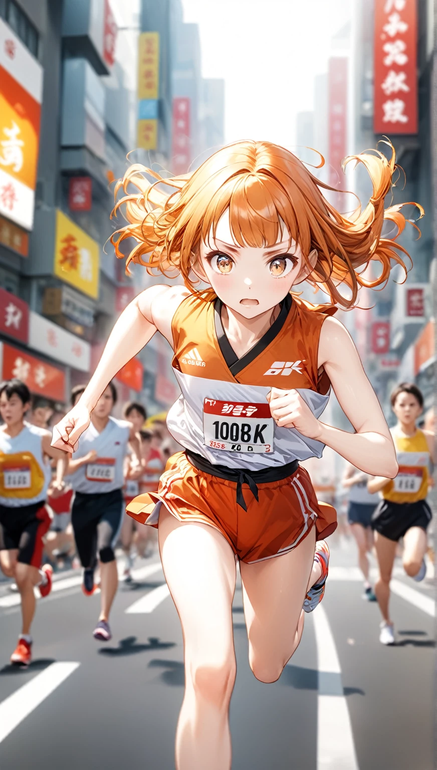 (Highest quality,8k,32K,masterpiece,Ultra-high resolution :1.2 ),born,One girl,Super cute,Natural light,Clear, shining eyes,20-year-old,Fair skin,marathon大会的な電子世界のファンタジー背景,Orange Hair,Japanese style hairstyle,Even bangs,running,marathon,Serious,Wide forehead