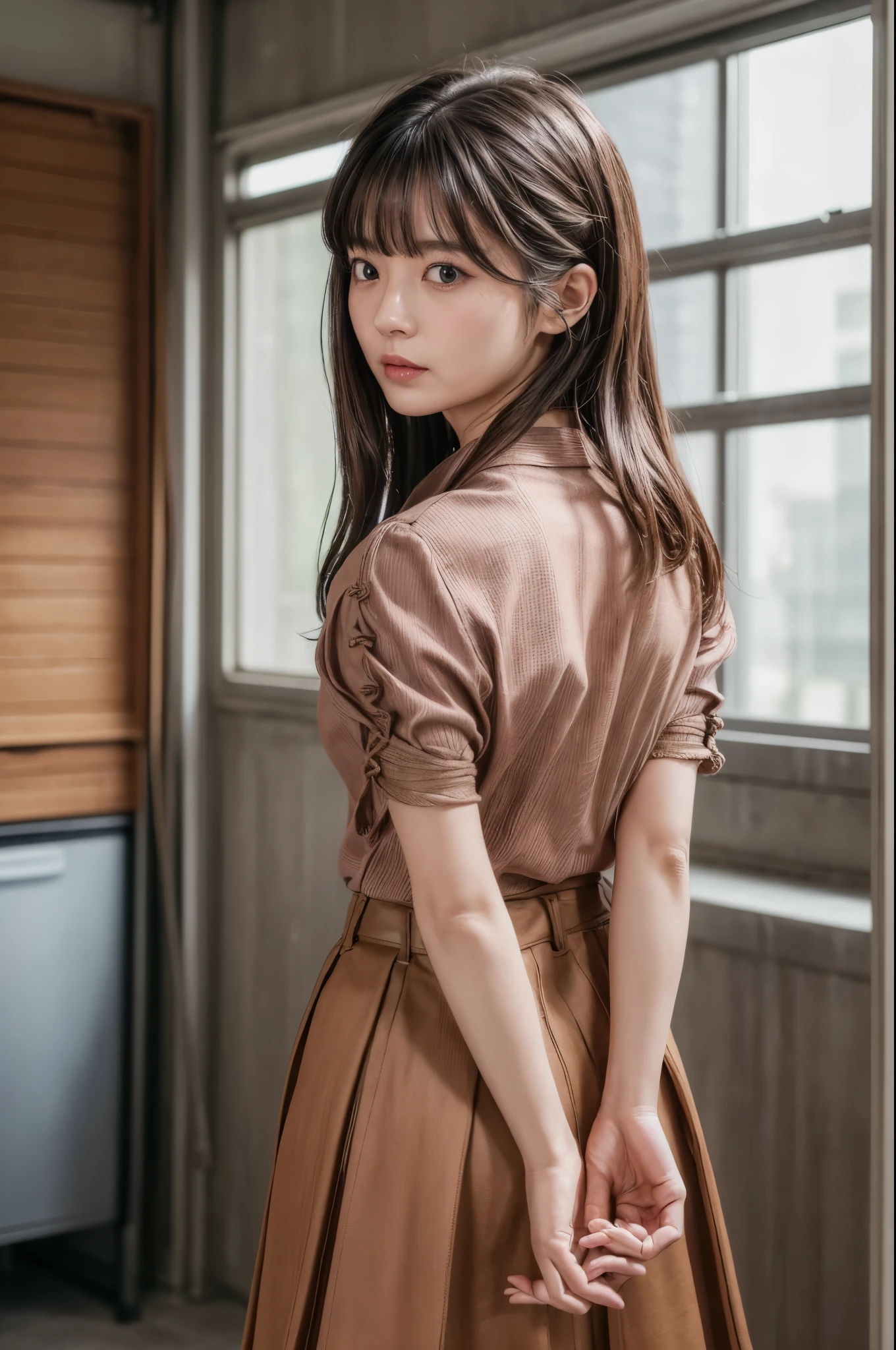 ((Best image quality、8k、masterpiece:1.3))、Realistic high-quality photos、Highest quality、Prisoner of War Woman、Tied up with rope、Standing in the room、(((両手は後ろでTied up with ropeている)))、(((Wearing a short-sleeved blouse、Wear a pleated skirt)))、Uniform eyes、Medium、Balanced、Small face、Small breasts、Rear view、Please show me your whole body、The audience watches from behind、Beautiful and elegant face and eyes、Black Hair、Shiny Hair、 OL、Wearing a short-sleeved blouse、Wear a long skirt、Full Body Shot.