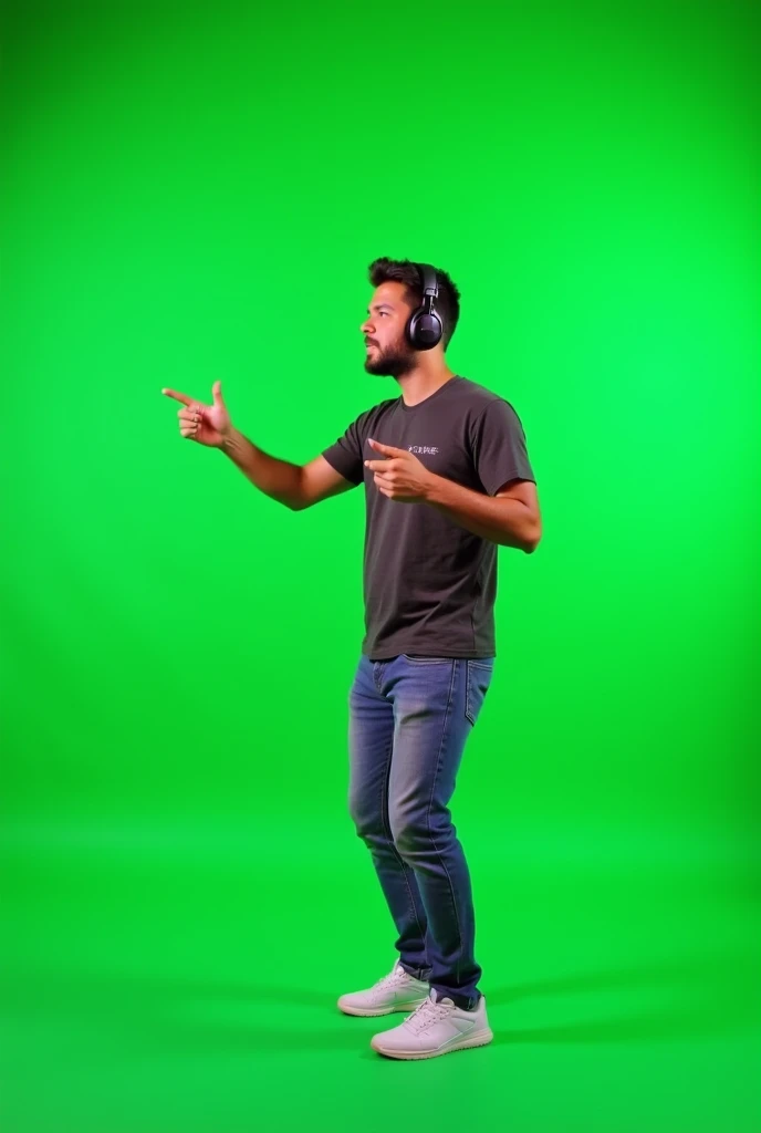 a guy gamer pointing left and talking with chroma key greenscreen background