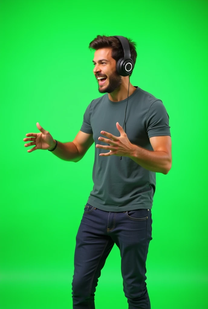 a guy gamer pointing left and talking with chroma key greenscreen background