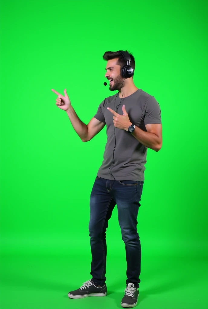 a guy gamer pointing left and talking with chroma key greenscreen background