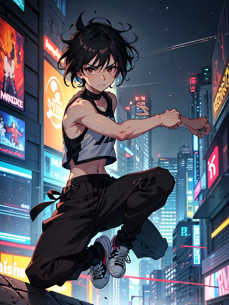 Male protagonist jumping over a wall, short, disheveled black hair, sweating, Youthful appearance, Modern clothing, in the background a city and lights, anime style, masterpiece, Brown eyes, Thin waist, wearing sneakers, looking at the viewer, nerves, closed fists, clenching teeth, White skin.