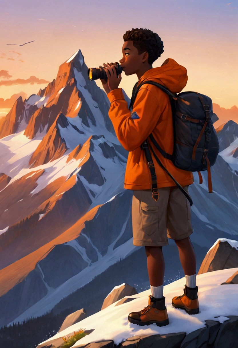 shore,1 black teenager holding binoculars, Mountain adventure scenery, cartoon, Snow on the mountain peaks, dusk, Orange sky
