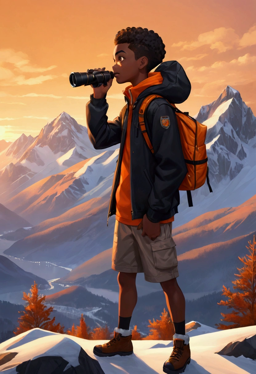 shore,1 black ager holding binoculars, Mountain adventure scenery, cartoon, Snow on the mountain peaks, dusk, Orange sky