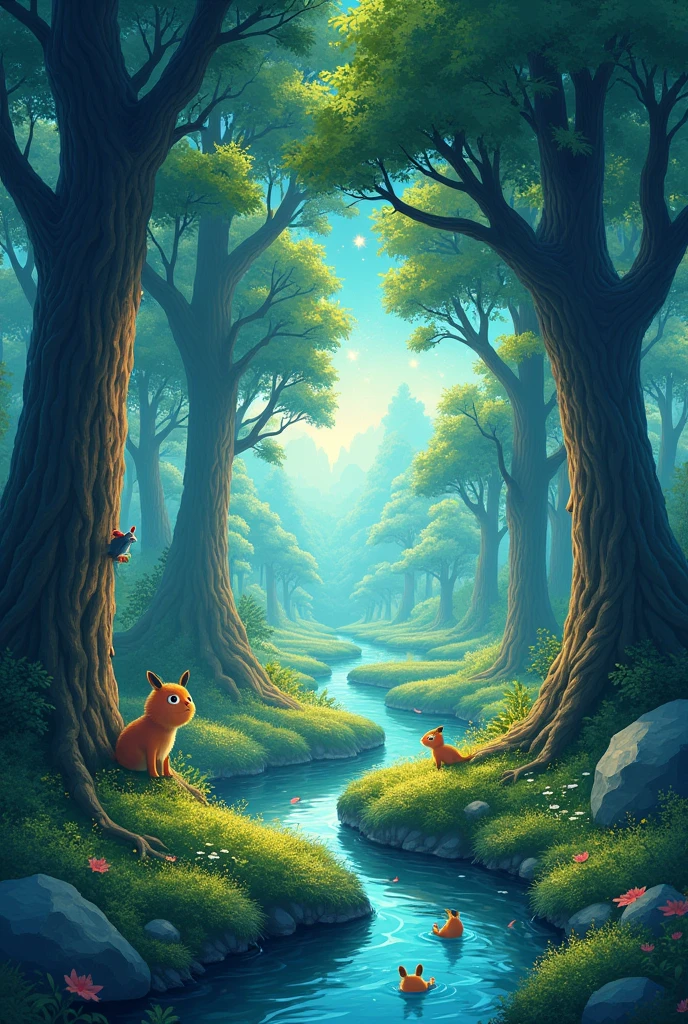 /imagine prompt: Viral anime nature wallpaper in 4K quality, in the style of digital illustration inspired by Hayao Miyazaki, featuring a serene forest with towering ancient trees, dappled sunlight filtering through the leaves, a gentle stream flowing through the scene, and mystical creatures peeking from behind the foliage; vibrant and warm color temperature, cosmos lighting with stars twinkling in the sky, no human characters, the atmosphere is tranquil and enchanting --v 5 --stylize 1000

