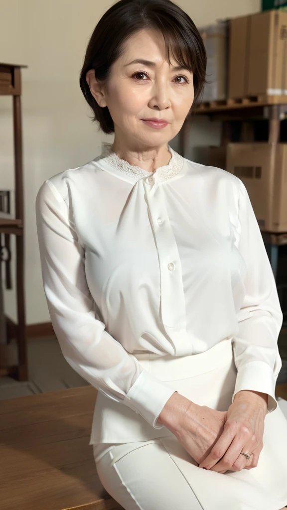 High resolution, High resolution, Attention to detail, masterpiece,(loose body), Anatomically correct, sharp, ((Japanese Mature)),(80 years old:1.3),(Facial wrinkles), Shapely breasts,Fair skin, Black Hair,(Long Hair), bangs,(((Stand upright, facing the center.))),Look at the photographer, Open your mouth and stare straight ahead,(White blouse:1.4),(Tight Skirt:1.3),(Sitting),(Thighs:1.1),Inside the warehouse,(Serious expression),(old woman:1.3),Mature Housewife